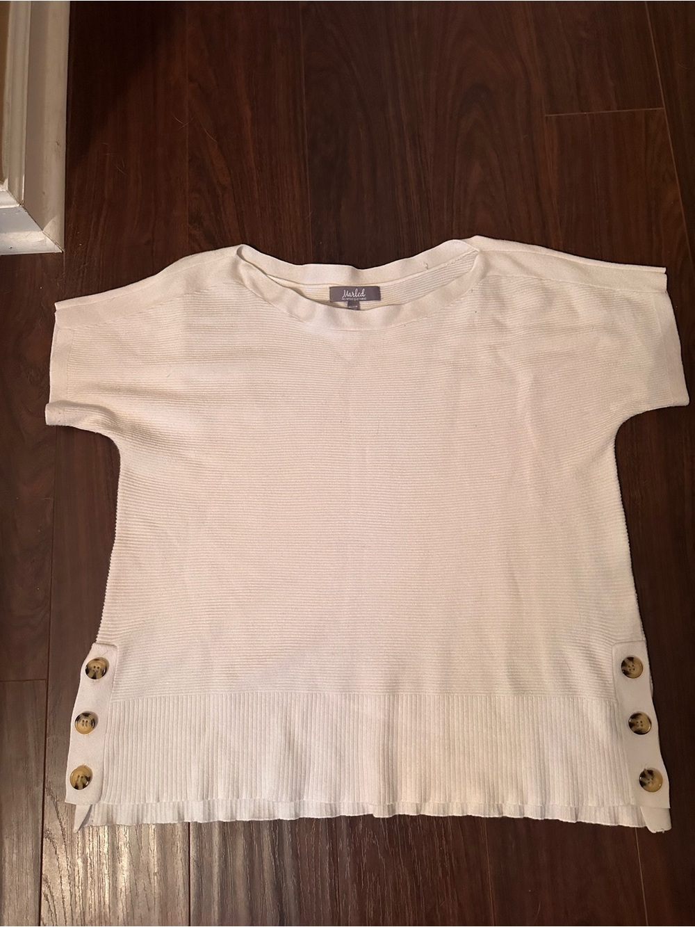 White Short-Sleeve Knit Top with Side Button Accents